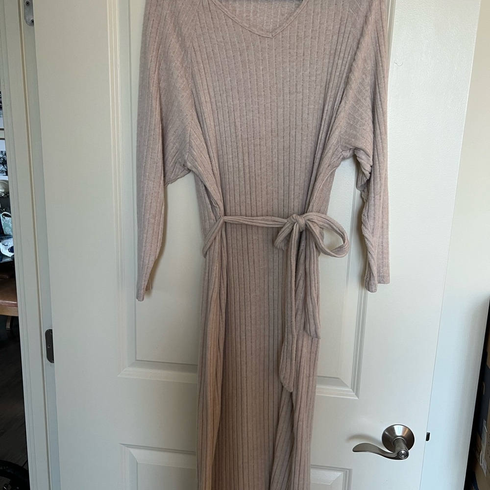 Roolee Tan Ribbed Tie Front Sweater Dress